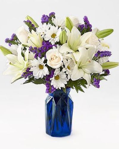 Gift your friends and family the freshest and most beautiful bouquet of lilies, roses and statice. Perfect for complementing any message you want to send, our Beyond Blue Bouquet features a deep blue vase and a gorgeous array of white and purple blooms.
STANDARD
C Quantity Color Description
3 Ivory 50 cm Standard Rose - Escimo
2 White LA Hybrid Lily
5 White Daisy Pom
3 Purple Filler - Sinuata Statice
3 Green Green - Leather Leaf
DELUXE
C Quantity Color Description
5 Ivory 50 cm Standard Rose - Escimo
3 White LA Hybrid Lily
5 White Daisy Pom
4 Purple Filler - Sinuata Statice
3 Green Green - Leather Leaf
PREMIUM
C Quantity Color Description
6 Ivory 50 cm Standard Rose - Escimo
4 White LA Hybrid Lily
5 White Daisy Pom
4 Purple Filler - Sinuata Statice
3 Green Green - Leather Leaf