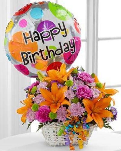 The Happy Blooms Basket by FTD brings together Asiatic lilies and carnations to create the perfect way to send your Happy Birthday wishes! Orange Asiatic lilies, lavender chrysanthemums, lavender carnations, purple monte casino asters, green button poms and lush greens are beautifully arranged within a rectangular whitewash willow handled basket accented with colorful curling ribbon. Arriving with a bright mylar balloon exclaiming, Happy Birthday!
C Quantity Color Description
1 Orange Asiatic Lily
2 Hot Pink Standard Carnation
2 Green Button Pom
2 Lavender Daisy Pom
2 Purple Aster - Monte Casino
2 Green Green - Leather Leaf
0 Green Florist Foam Brick
3 Curling Ribbon (yds.)
1 Mylar Balloon
DELUXE
C Quantity Color Description
2 Orange Asiatic Lily
3 Hot Pink Standard Carnation
2 Green Button Pom
3 Lavender Daisy Pom
3 Purple Aster - Monte Casino
2 Green Green - Leather Leaf
0 Green Florist Foam Brick
1 Curling Ribbon (yds.)
1 Mylar Balloon
PERMIUM
C Quantity Color Description
3 Orange Asiatic Lily
4 Hot Pink Standard Carnation
3 Green Button Pom
4 Lavender Daisy Pom
4 Purple Aster - Monte Casino
2 Green Green - Leather Leaf
0 Green Florist Foam Brick
3 Curling Ribbon (yds.)
1 Mylar Balloon